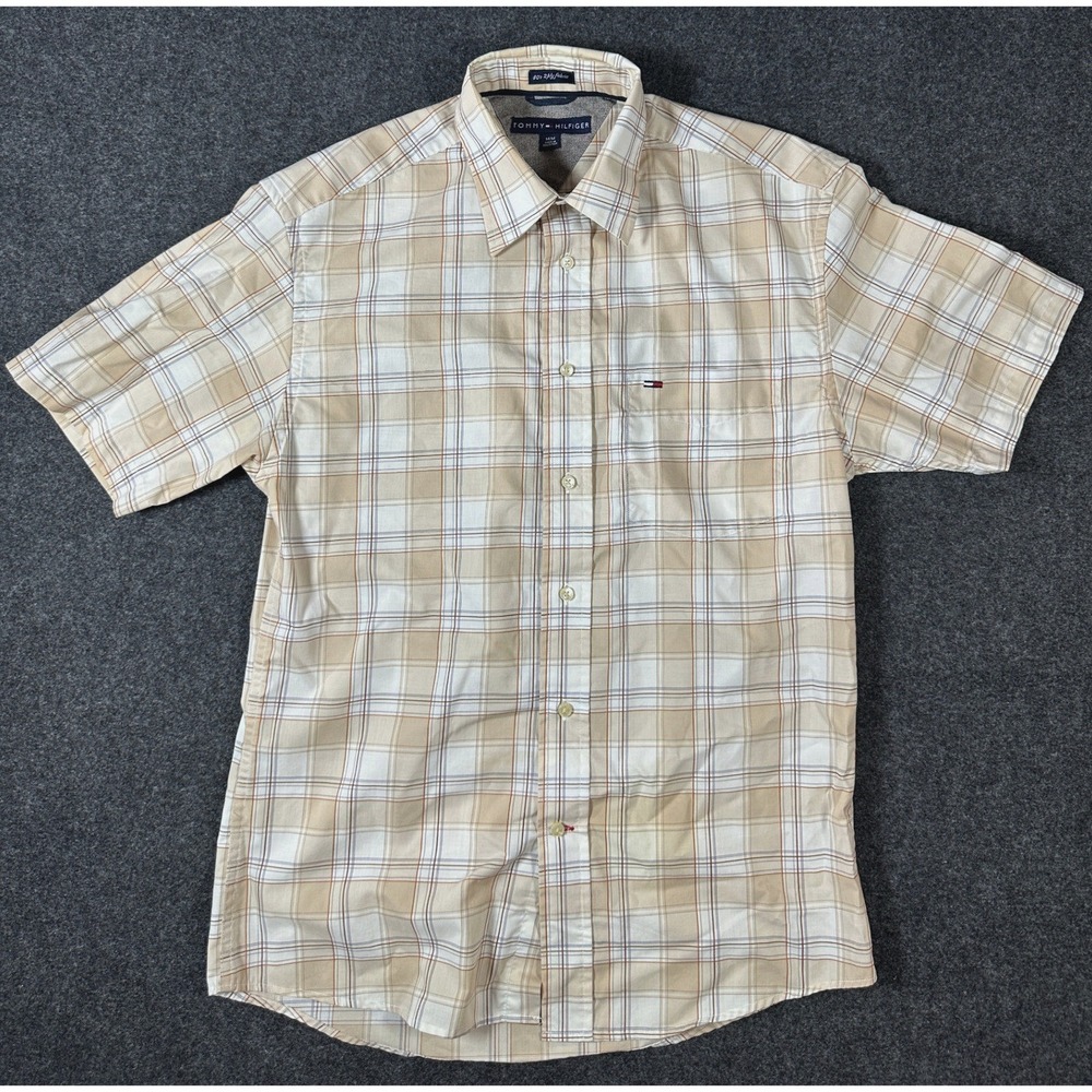 Tommy Hilfiger Mens Tan White Plaid Short Sleeve Button Down Shirt Size M